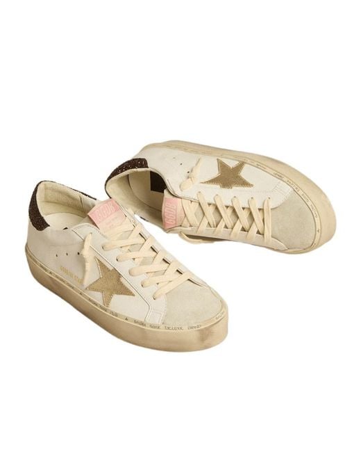 Golden Goose Deluxe Brand Natural Hi Star With Platinum Metallic Leather Star And Glitter Heel Tab