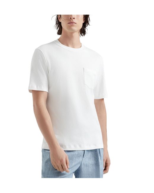 Brunello Cucinelli White Short-Sleeved Straight Hem T-Shirt for men