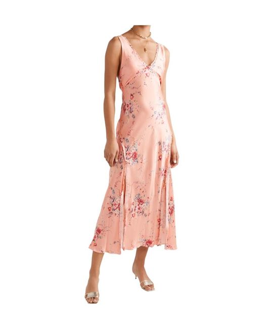 LoveShackFancy Pink Kendall Ruffled Floral-Print Silk-Satin Maxi Dress