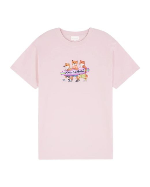 Maison Kitsuné Pink Surfing Foxes-Print Cotton T-Shirt
