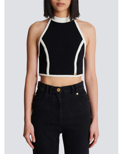 Balmain Black Two-Tone Cropped Top