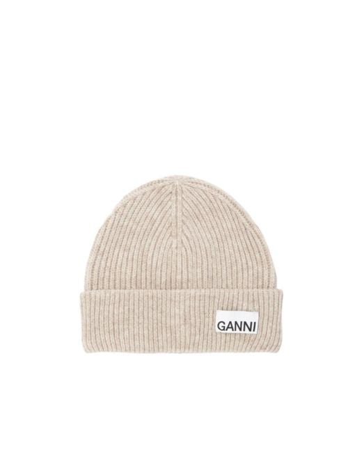Ganni Natural Fitted Rib Knit Beanie