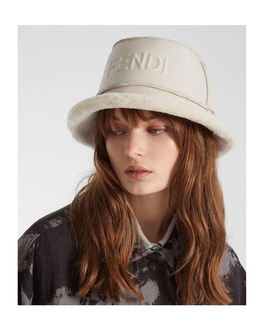 Fendi White Logo Embossed Shearling Bucket Hat