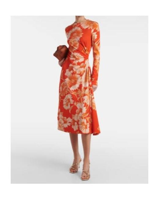 Erdem Red Floral Draped Ponte Jersey Midi Dress