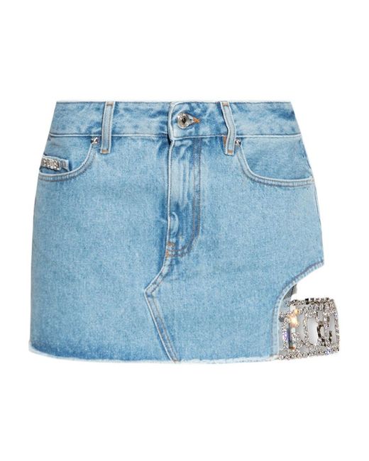 Gcds Blue Logo Embellished Cut-Out Denim Skirt