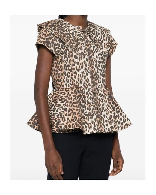 Ganni Multicolor Ruffled Leopard-Print Buttoned Top