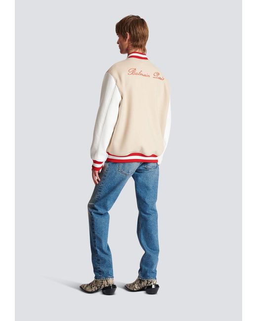 Balmain White Logo Embroidered Varsity Jacket for men