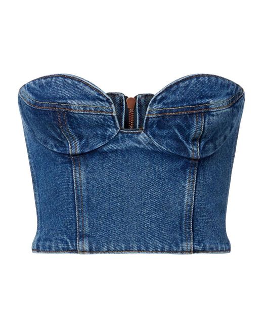 Magda Butrym Blue Floral-Appliqué Denim Bustier Top