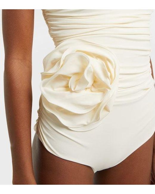 Magda Butrym White Floral-Appliqué Ruched Swimsuit