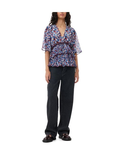Ganni Blue Top With Floral Motif
