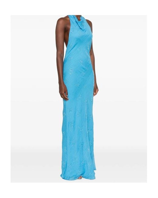 Staud Blue Roselle Beaded Halterneck Maxi Dress