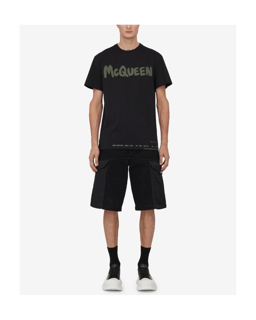 McQueen Black Hybrid Denim Straight Leg Shorts for men