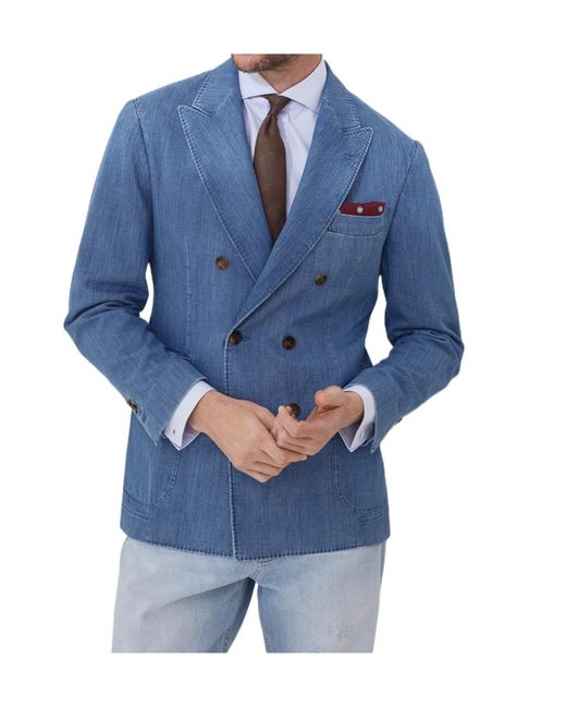 Brunello Cucinelli Blue Denim Double-Breasted Blazer for men