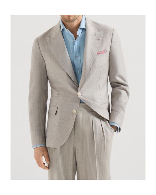 Brunello Cucinelli Multicolor Cashmere And Silk Chevron Deconstructed Blazer With Peak Lapels for men
