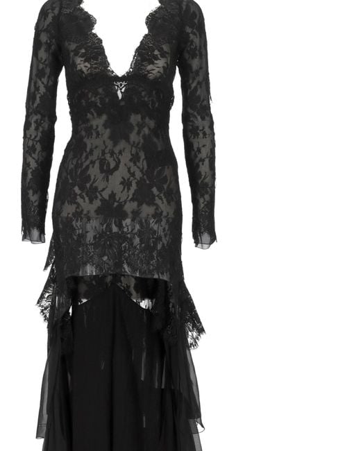 Saint Laurent Black Ruffled V-Neck Laced Dress