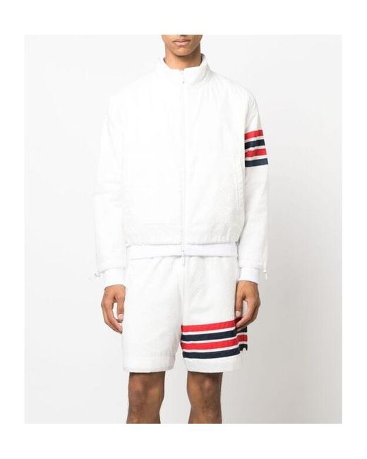 Thom Browne White Bar Striped Zipped Ripstop Jacket for men