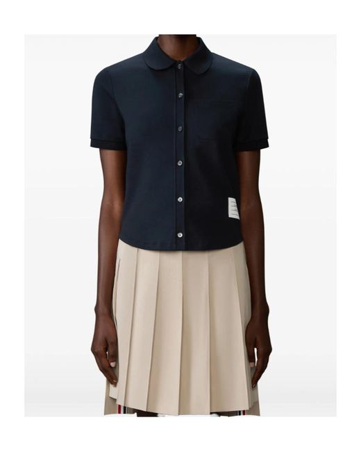 Thom Browne Blue Logo Patch Short-Sleeved Shirt