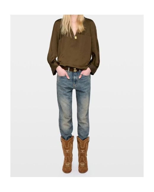 Zadig & Voltaire Green Torny V-Neck Satin Blouse