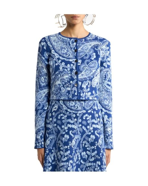 Etro Blue Jacquard Cropped Cardigan With Floral Paisley Motif