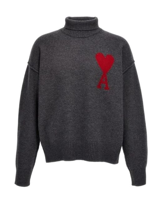 AMI Gray Ami De Coeur Logo Intarsia Knitted Roll-Neck Jumper for men