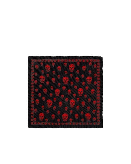 McQueen Red Pleated Skull-Print Scarf