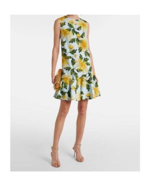 Oscar de la Renta Green Chrysanthemum Pattern Dress