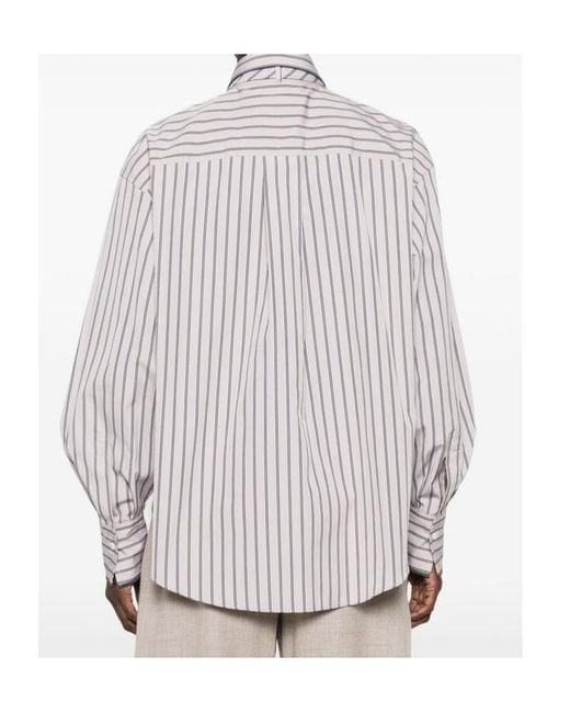 Brunello Cucinelli White Striped Neck-Tie Shirt