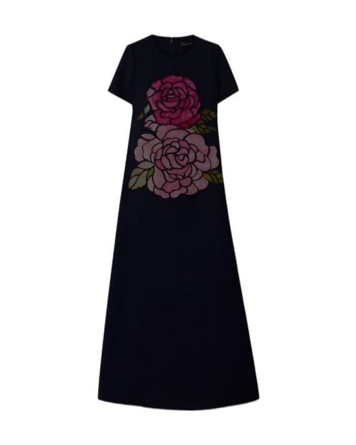 Oscar de la Renta Blue Appliquéd Wool-Blend Gown
