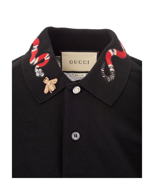 Gucci Black Polo With Snake Embroidery for men