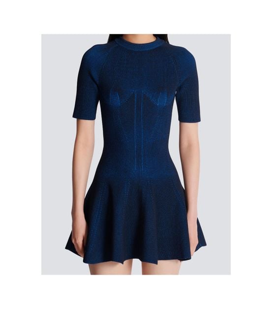 Balmain Blue Flared Hem Ribbed Mini Dress