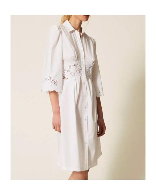 Twinset White Lace-Detail Midi Shirt Dress