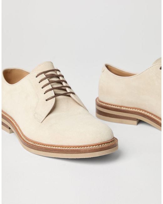 Brunello Cucinelli White Round Toe Lace-Up Derby Shoes for men