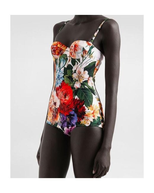 Dolce & Gabbana Red Flower Print Padded Balconette One Piece Swimsuit