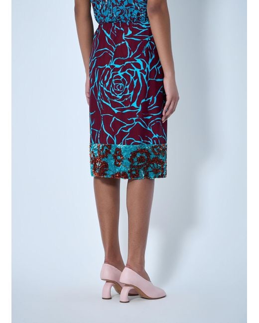 Dries Van Noten Blue Embellished Floral Midi Skirt