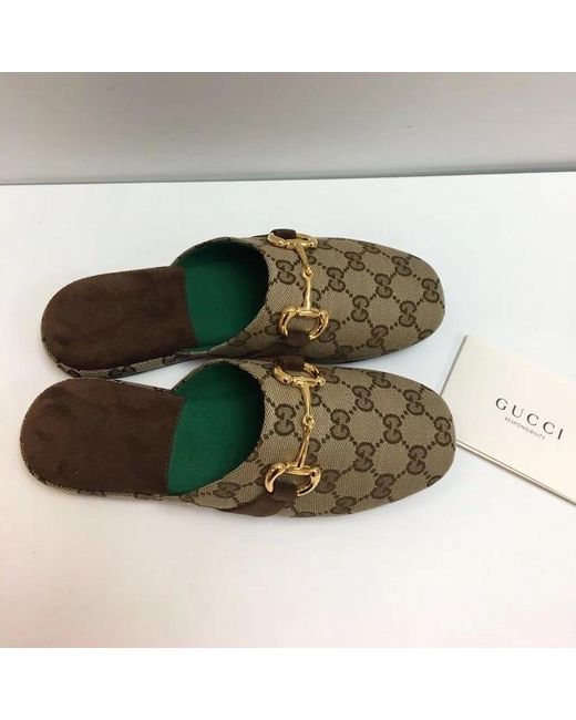 Gucci Brown Monogram Pattern Horsebit Mules