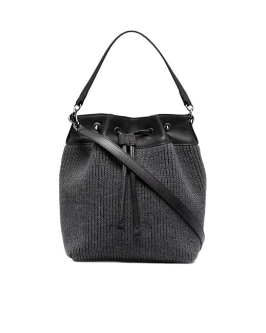 Brunello Cucinelli Black Drawstring Cable-Knit Tote Bag