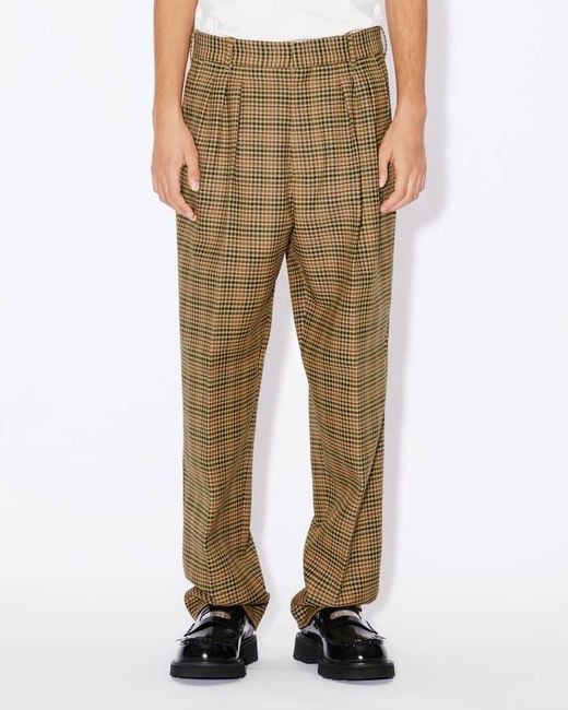KENZO Natural Logo Patch Checked Pleated Tailored Trousers for men