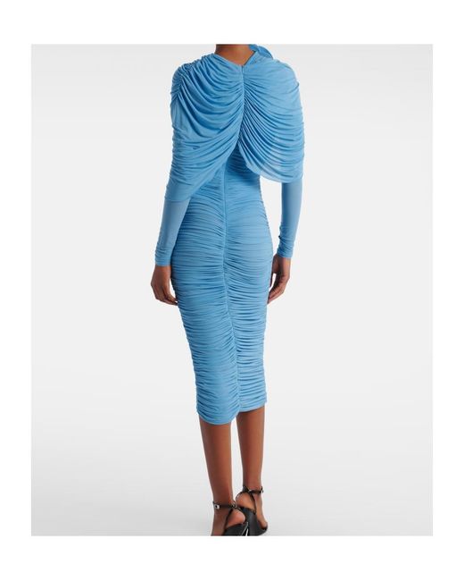 Magda Butrym Blue Floral-Applique Ruched Caped Midi Dress