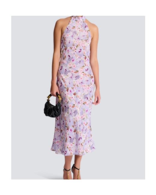 Balmain Purple Printed Poppy Flower Dress