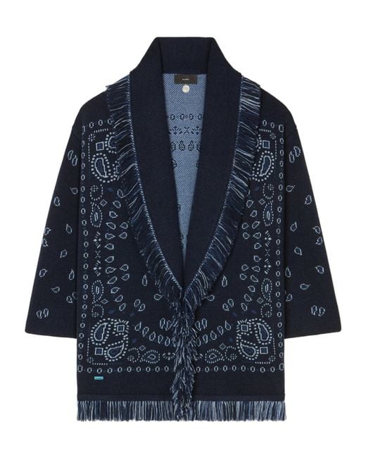 Alanui Blue Paisley-Jacquard Fringe Coat