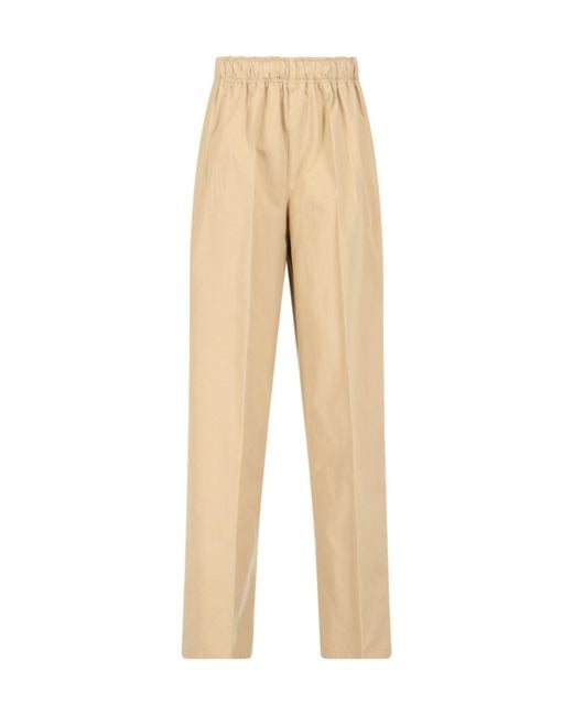 Prada Natural Triangle-Logo Plaque Wide-Leg Pants