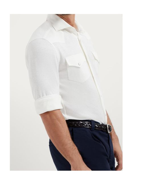 Brunello Cucinelli White Flap Pocket Long-Sleeved Shirt for men