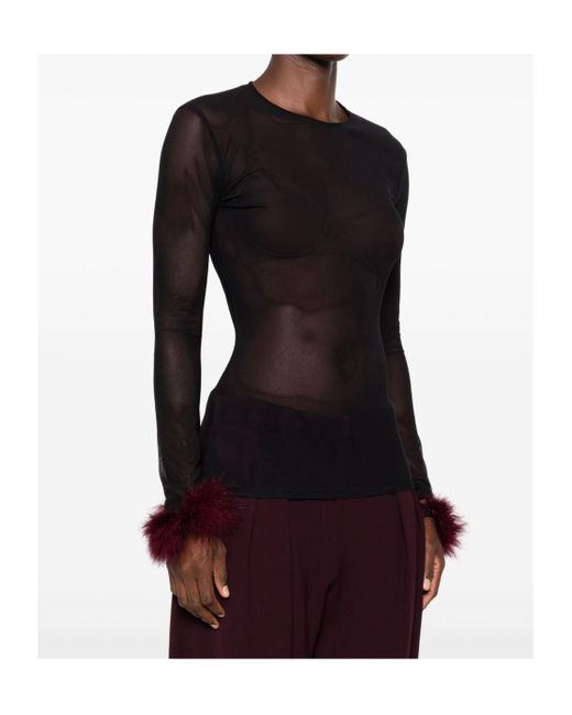Mugler Black Mesh-Panel Feather-Cuff Top