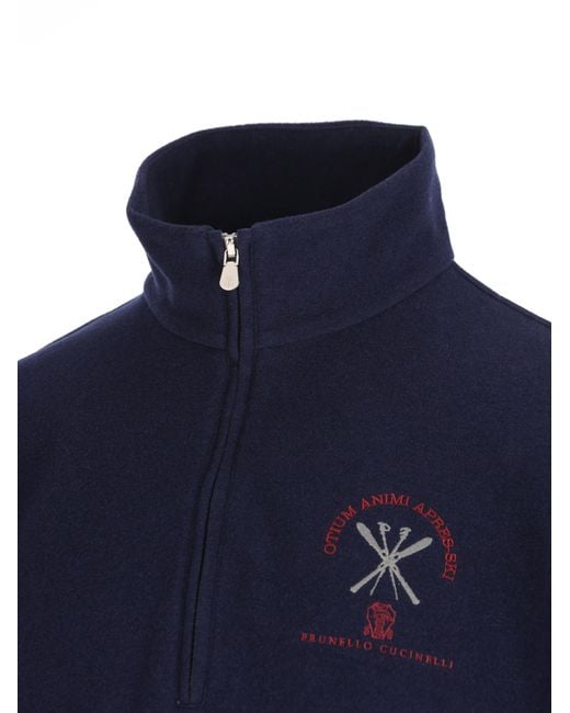 Brunello Cucinelli Blue Half-Zip High Neck Knitted Sweater for men