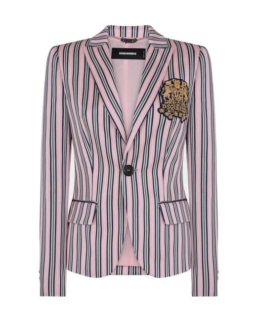 DSquared² Pink Logo-Patch Striped Blazer