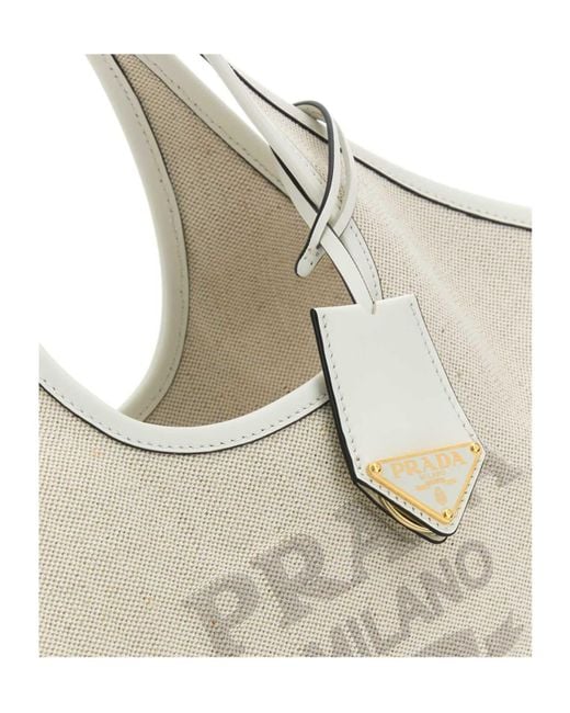 Prada Natural Logo Printed Medium Top Handle Bag
