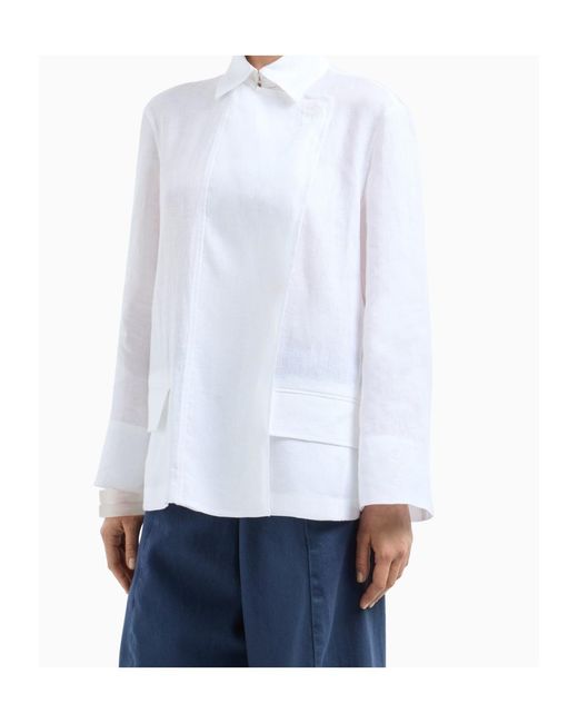 Emporio Armani White Pure Linen Shirt Jacket With Panel