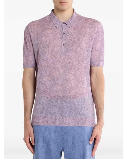 Etro Purple Linen-Blend Polo Shirt With Floral Motif for men