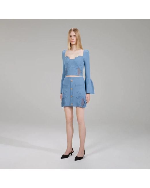 Self-Portrait Blue Lace Inlaid Rib Knitted Skirt