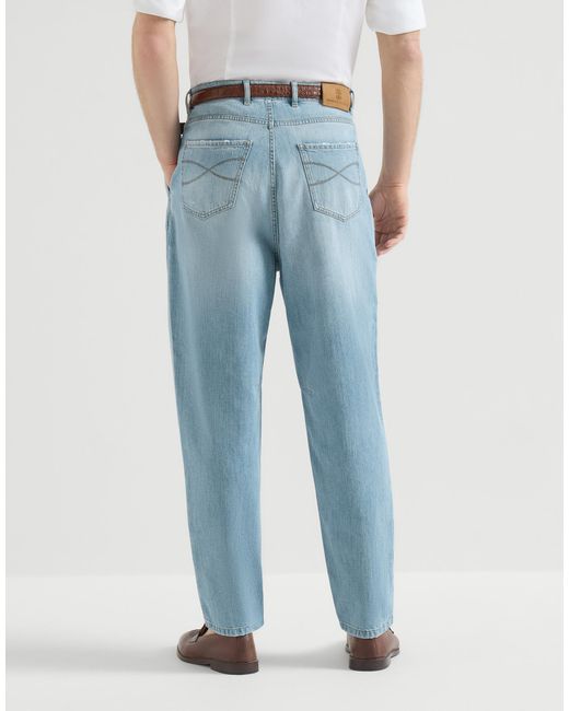 Brunello Cucinelli Blue Lightweight Denim Iconic Fit Five-Pocket Trousers With Double Pleats And Rips for men